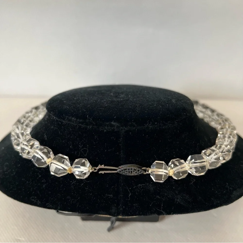 Vintage Art Deco Faceted Rock Crystal Necklace Sterling Clasp